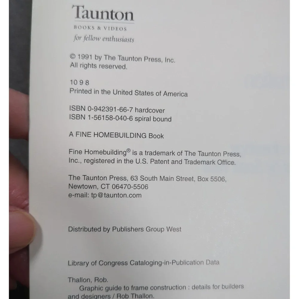 1991 Graphic Guide to Frame Construction Rob‎ Thallon Taunton Press Spiral Bound